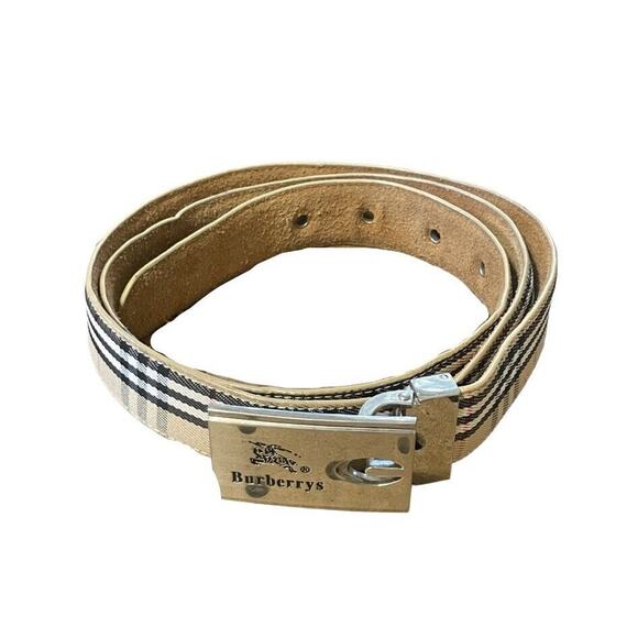 Burberrys Nova Check Canvas Leather Waist Belt Silver Embroidered Buckle XL Men - Picture 1 of 5
